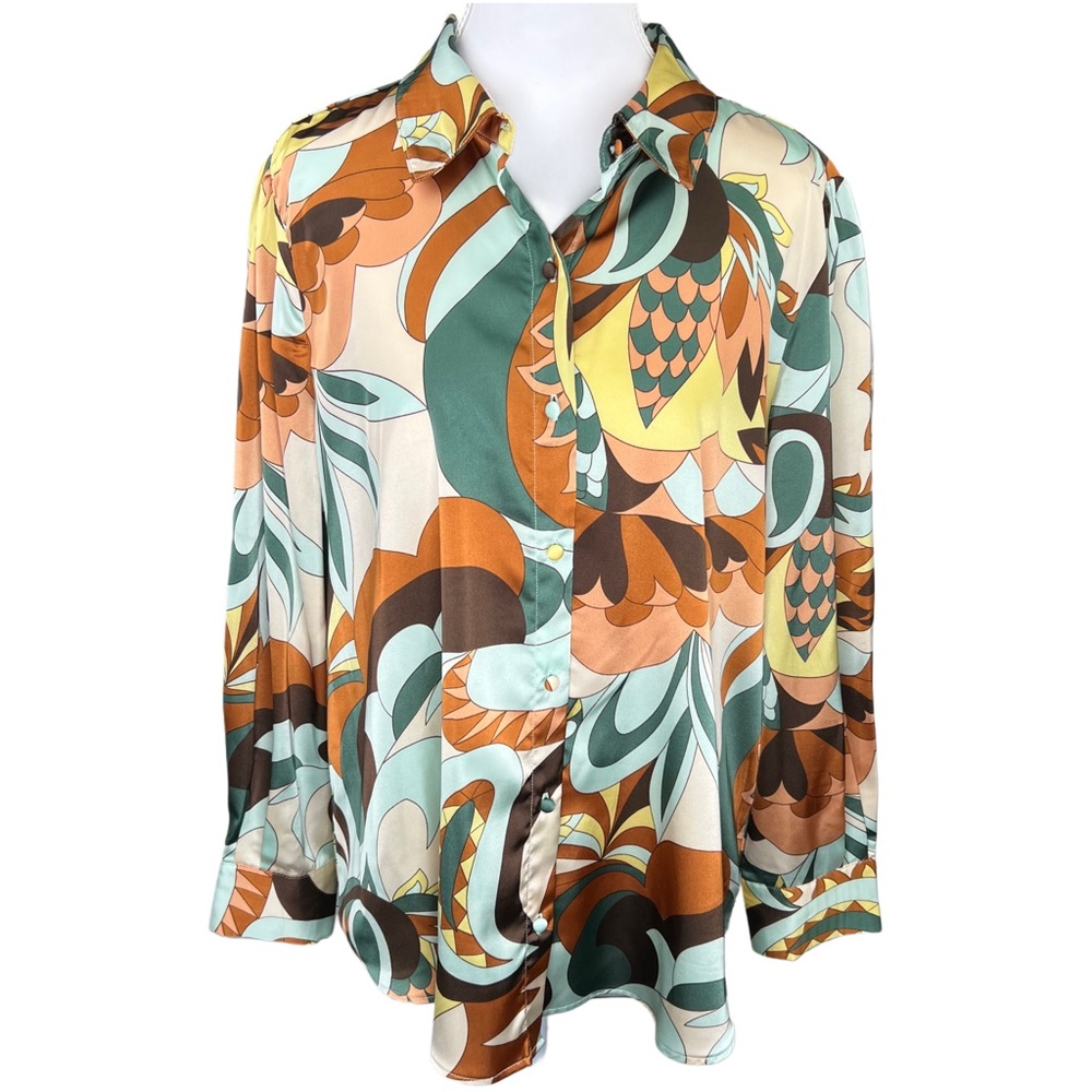 Haver London Satin Button Down Shirt XL Silky Blouse Abstract Print Green Orange